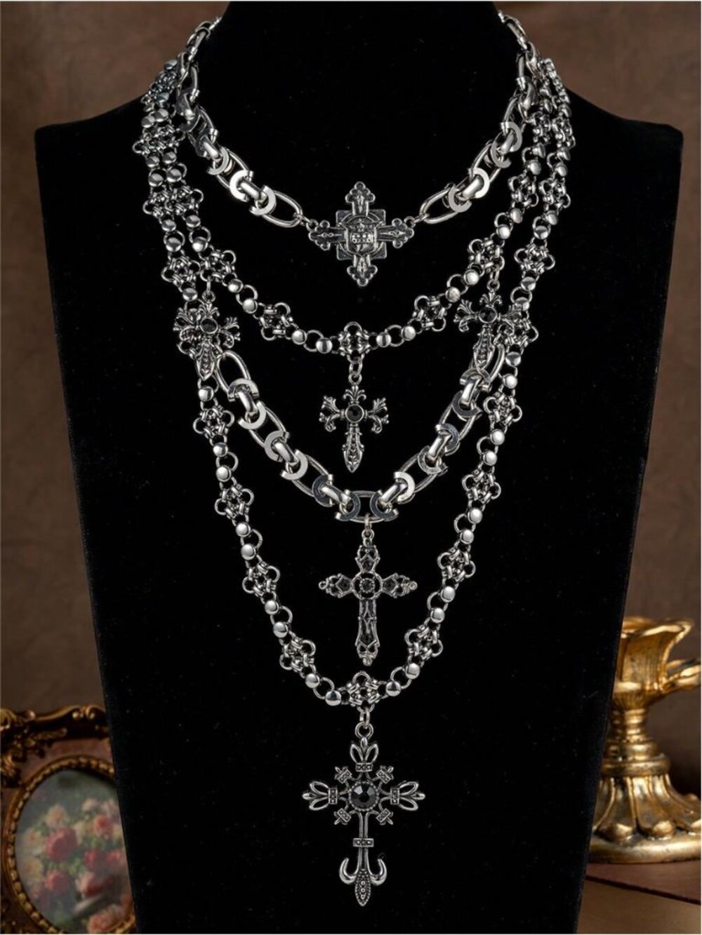Vintage-Style Multi-Layer Cross Necklace, Gothic Dark Style Layered Design With